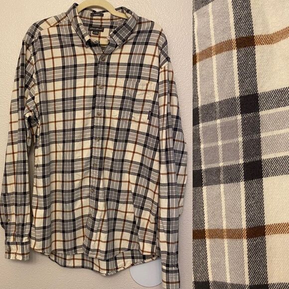 Eddie Bauer Cotton flannel Black gray plaid Long Sleeve button down shirt XLT - Picture 1 of 11